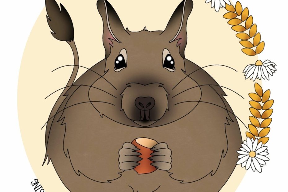Illustration de l’octodon Brindille tenant un morceau de carotte, entouré de fleurs et de feuilles.