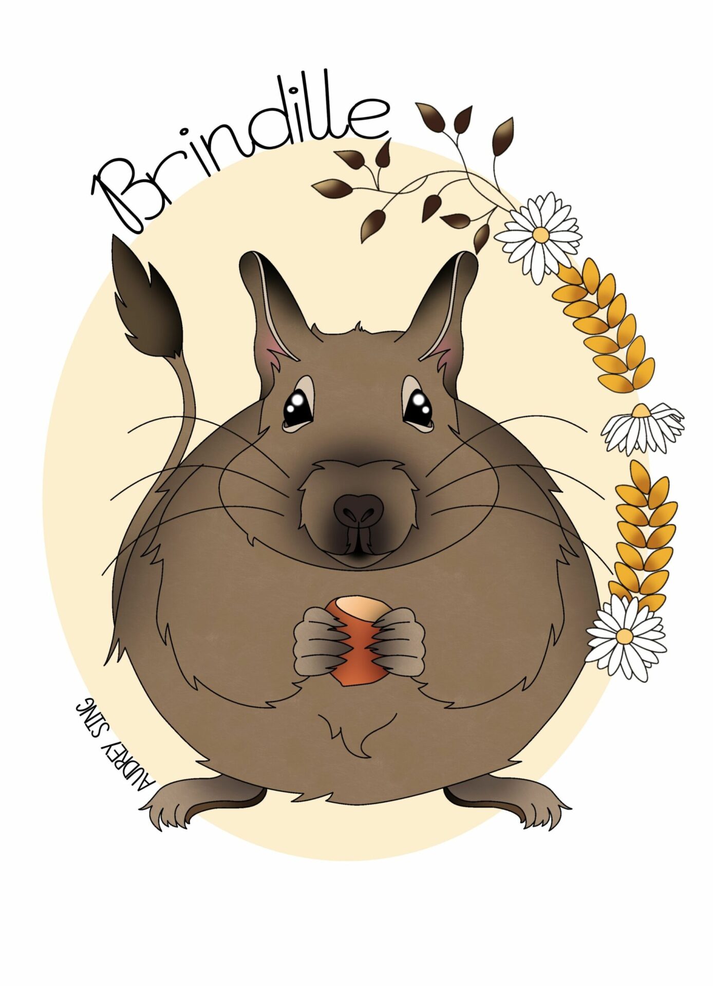 Illustration de l’octodon Brindille tenant un morceau de carotte, entouré de fleurs et de feuilles.