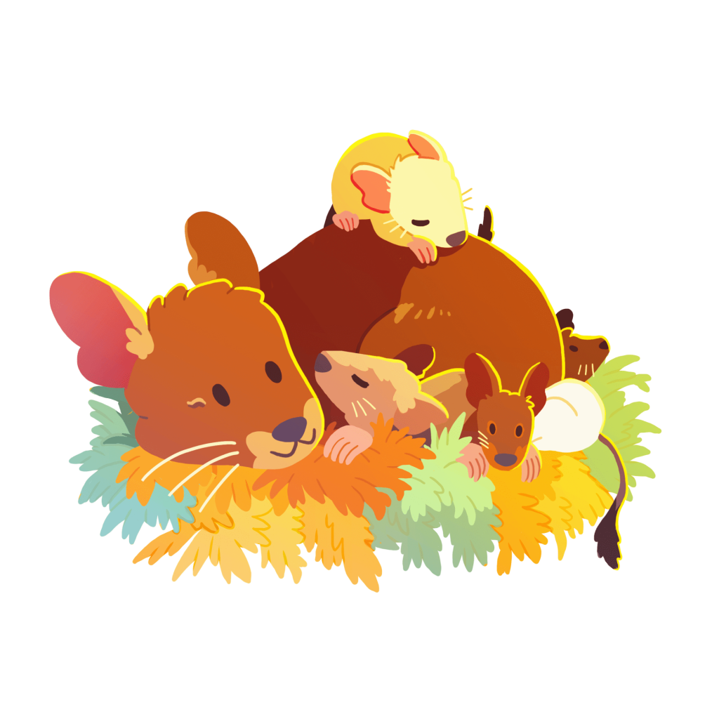 Les maladies respiratoires chez l'Octodon degus 1 Illustration d’une famille d’octodons parmi des fleurs jaunes sur fond vert.