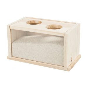 Bac à sable en bois avec une façade transparente et deux ouvertures sur le dessus.