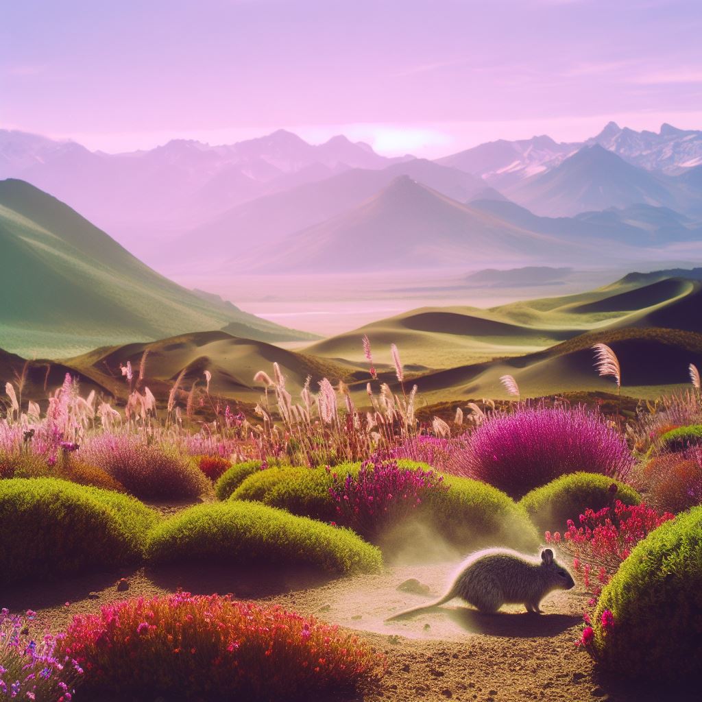 Illustration de montagnes roses et violettes, avec des silhouettes d’octodons au premier plan.