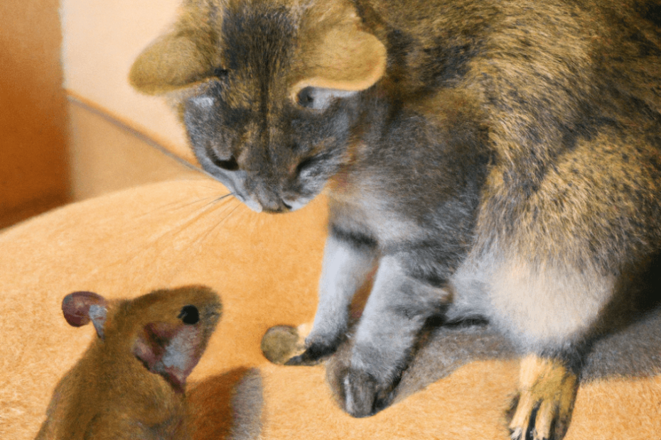 Chat penché vers un octodon posé au sol, une patte à proximité de l’animal.